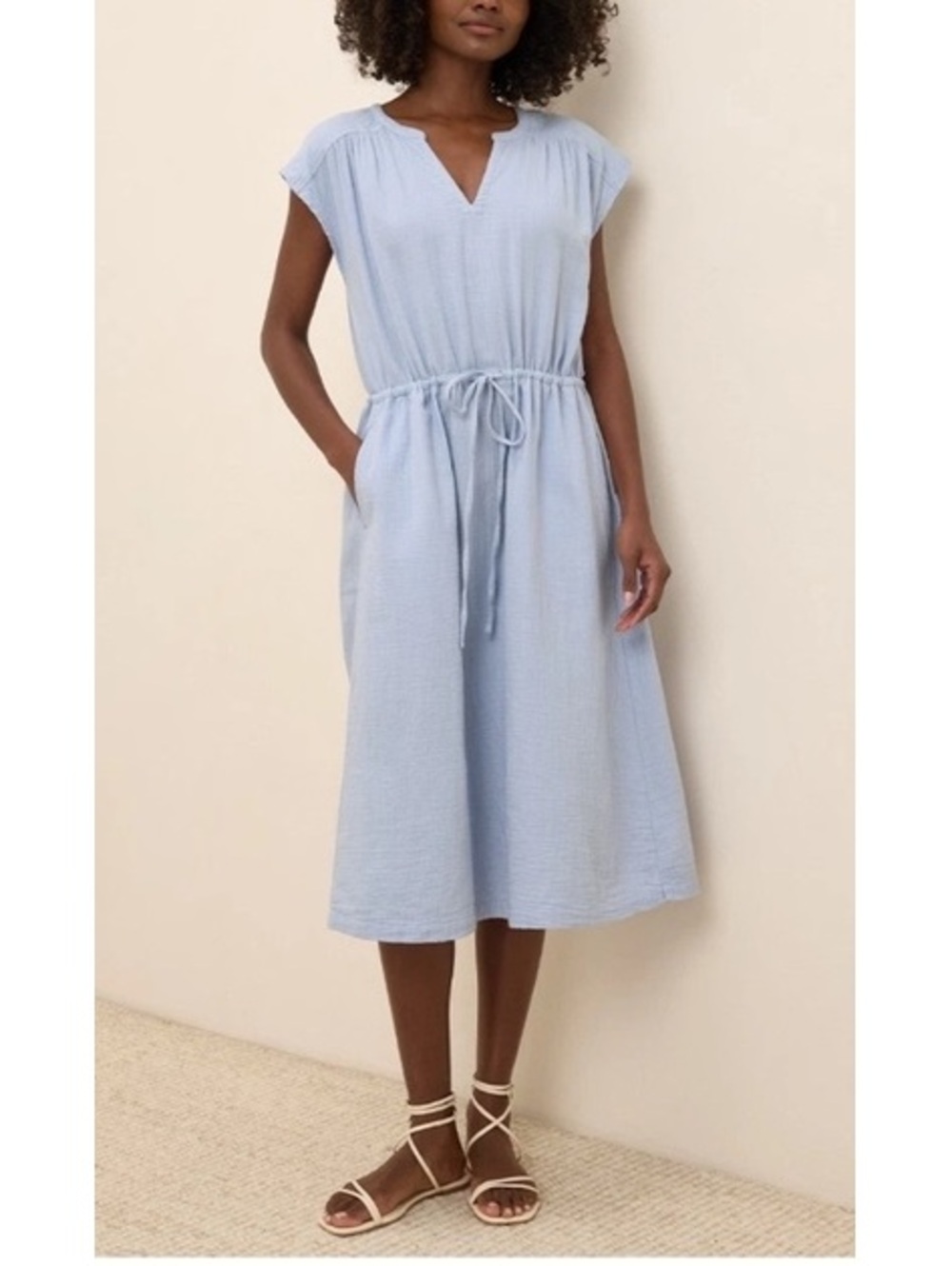 Pact Women's Coastal Double Gauze Tie Waist Midi Dress Large Cornflower Blue M